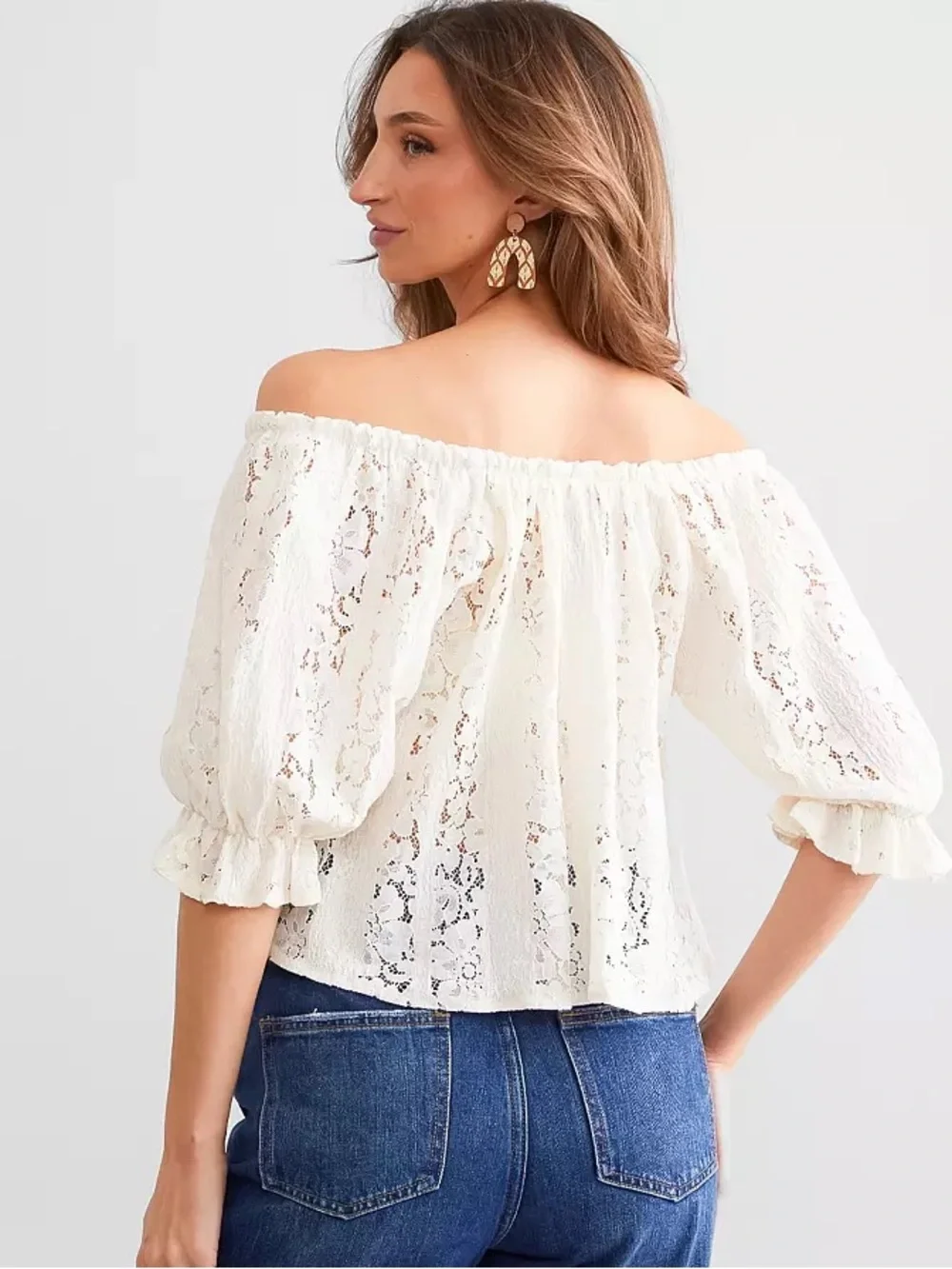 FREE PEOPLE Stace Ivory Lace Off-Shoulder Peasant Blouse